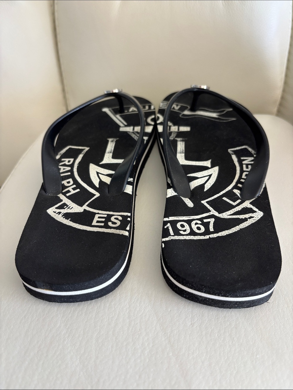 Ralph Lauren Black Flip Flop Sandals with Logo Medallion - Picture 3 of 8